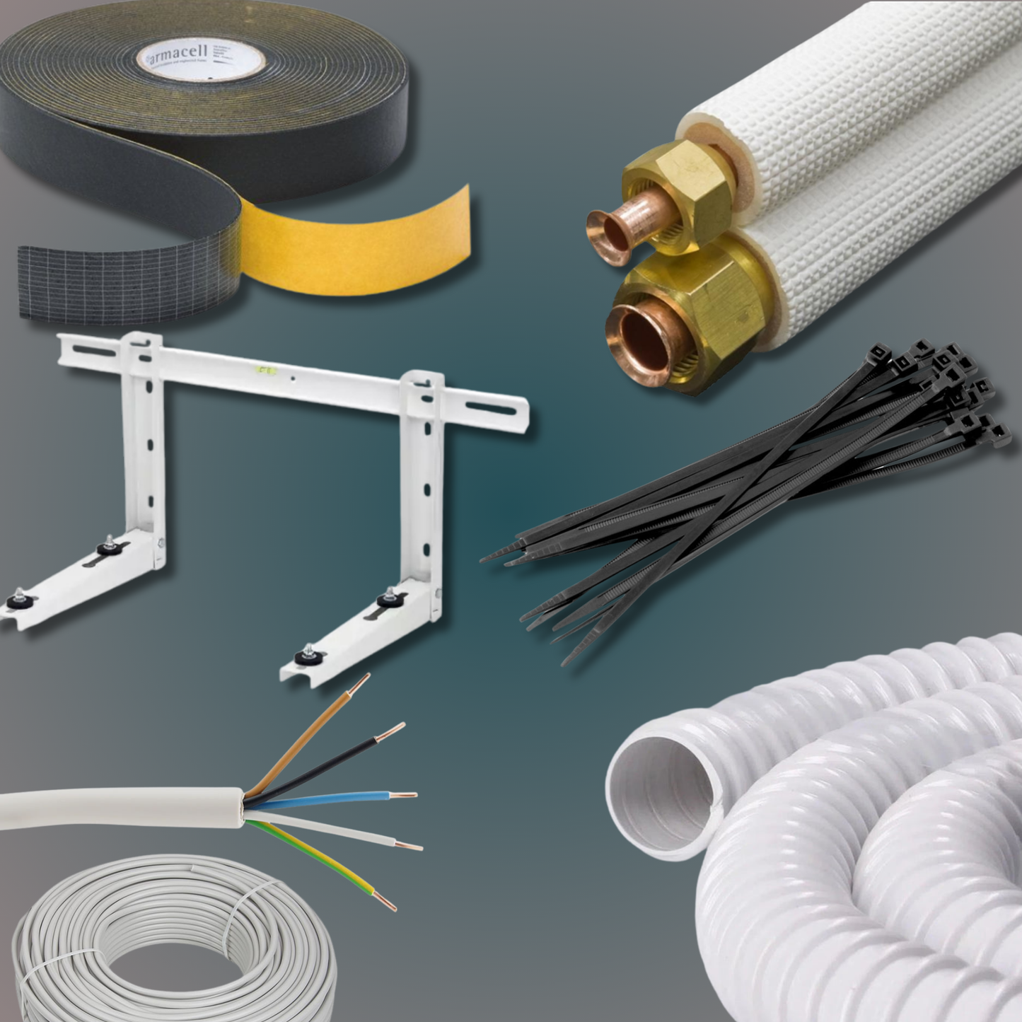 Montage-Set für Split-Klimaanlagen – inkl. Bördelrohr, Kondensatschlauch, Armaflex, Kabelbinder, 5x1,5 mm² Kabel & Wandkonsole (1–15 m wählbar)❄️